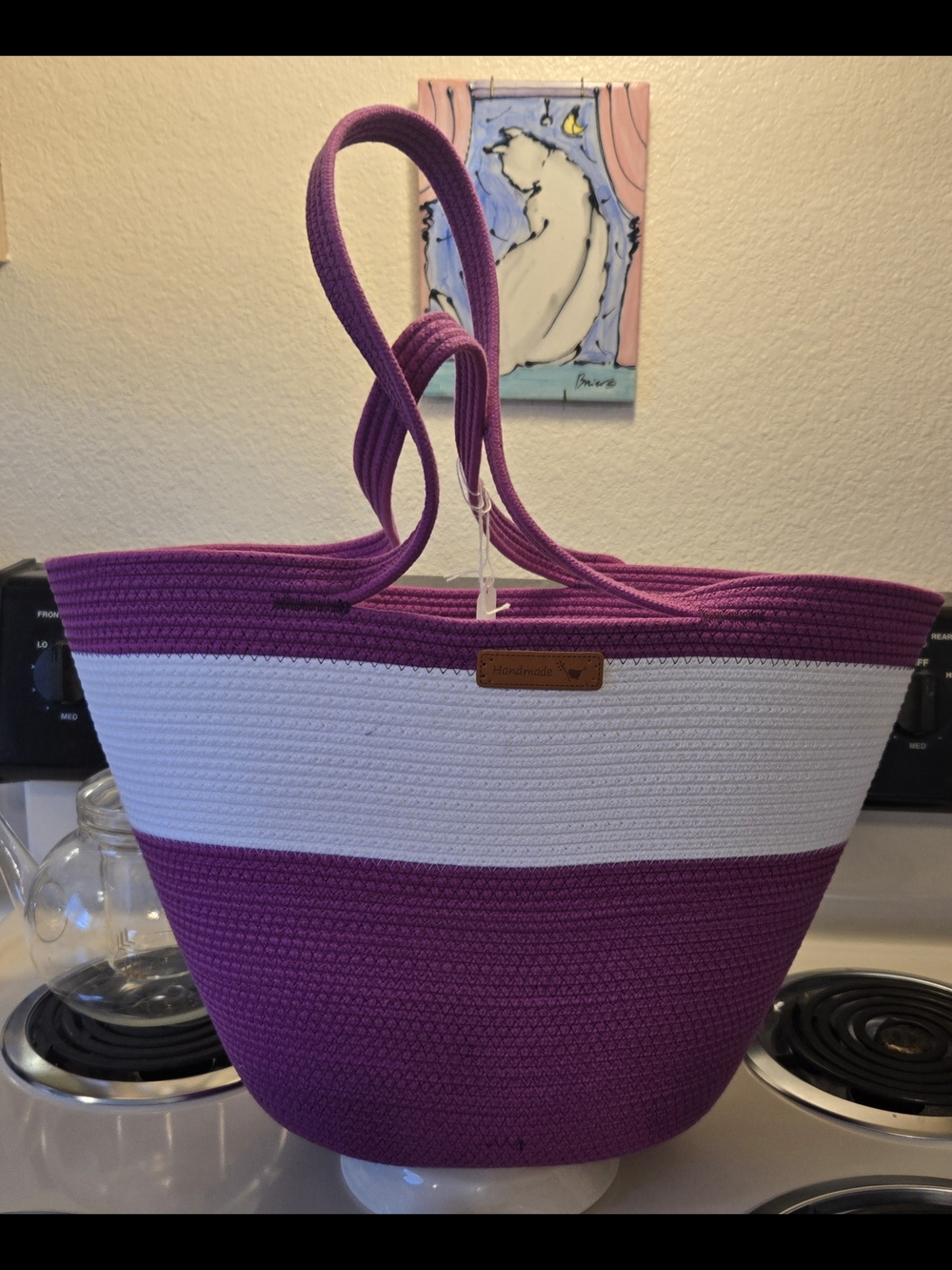 Handmade Purple & White Striped Tote Bag